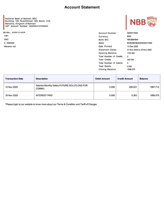 Download Bahrain National Bank of Bahrain account statement word